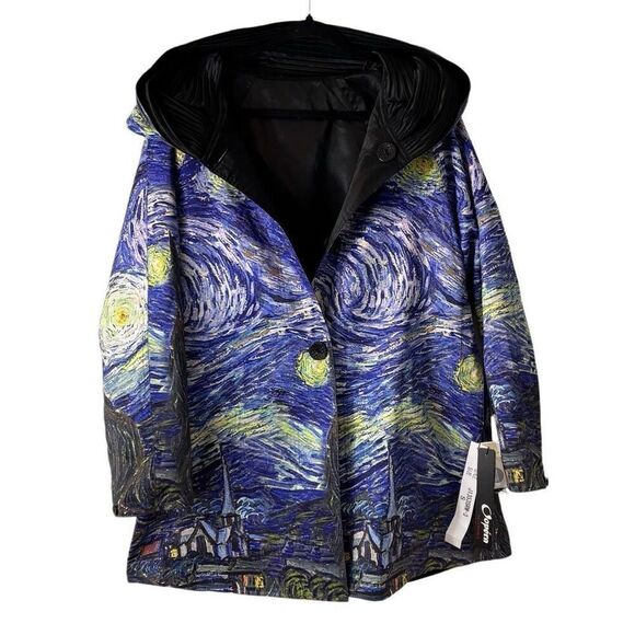 Oopera reversible fine art Van Gogh Starry Night print & black raincoat w hood S - Picture 3 of 13